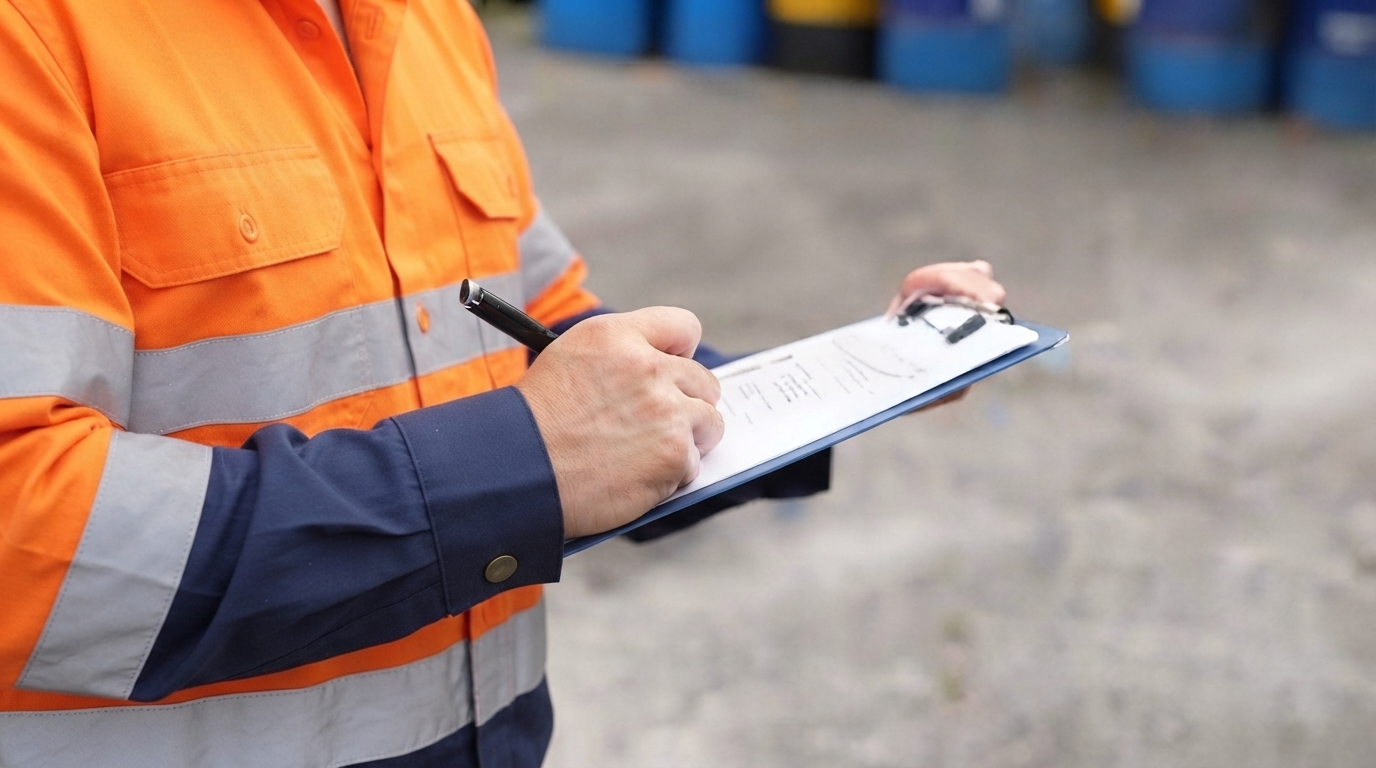 Safety inspector completing a workplace inspection checklist